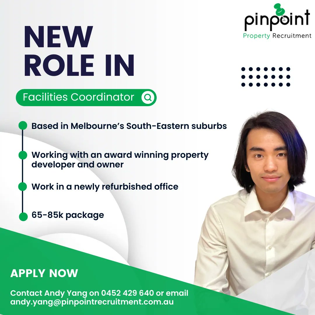 Pinpointcareers's tweet photo. We are on the hunt for a talented Facilities Coordinator!
Could you be the person we are looking for?

If you're interested in finding out more, contact our consultant, Andy Yang today at 0452 429 640 or send an email to him at andy.yang@pinpointrecruitment.com.au. 

#FM https://t.co/RlNufAQFUZ
