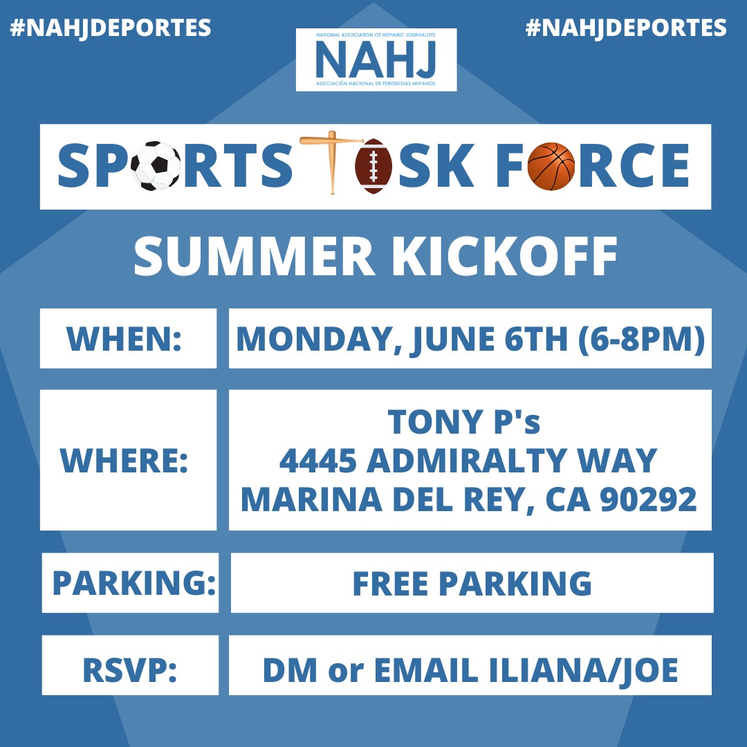 LAT_Iliana's tweet photo. ✨We're excited to announce our next round of NAHJ Sports Task Force events ahead of this summer's convention. ✨
🔜 If you're in Los Angeles, join us on Monday, June 6, for a happy hour starting at 6 p.m. PDT at Tony P's in Marina Del Rey.
To RSVP, DM me or @joedeportes. https://t.co/OaGAxwYYWb