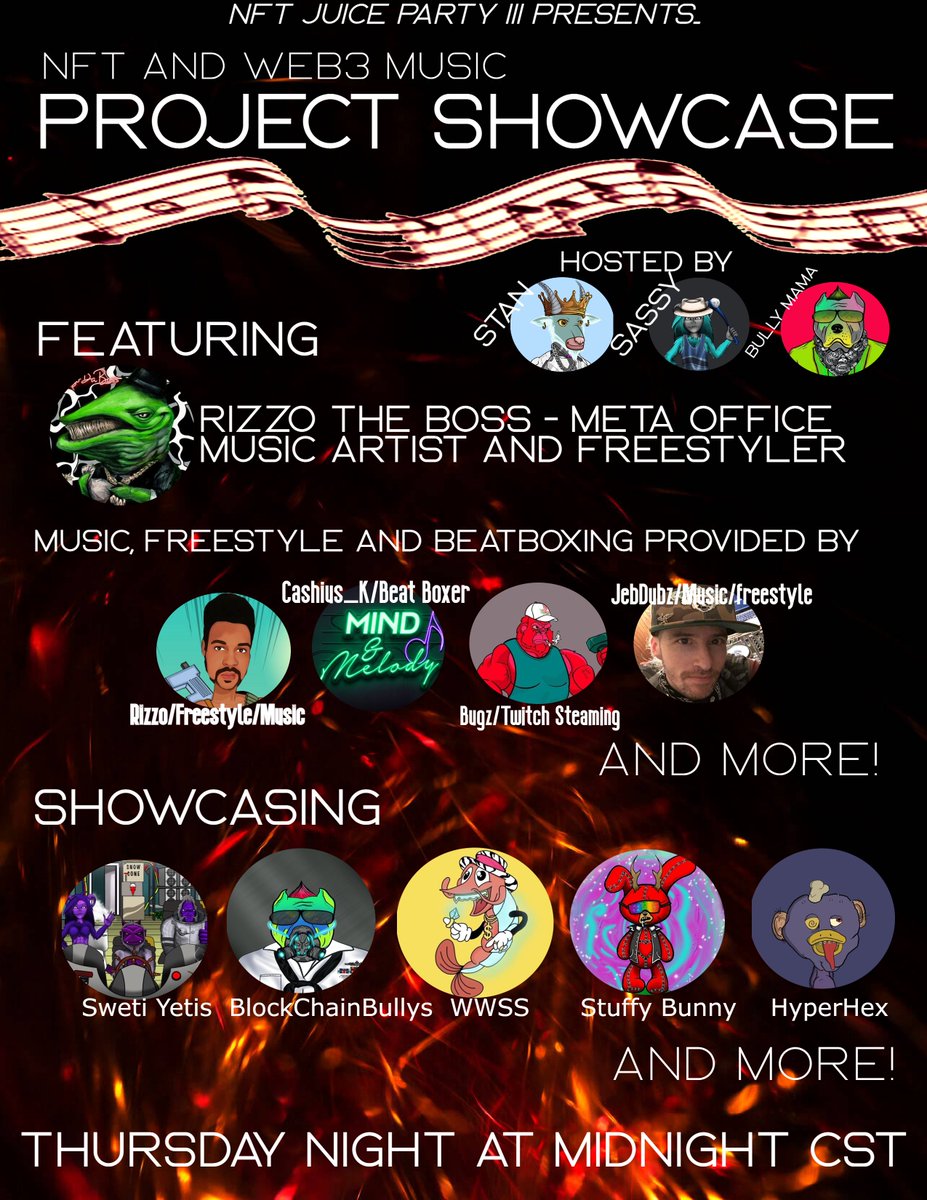 armyofgoatsnft's tweet photo. #nftprojectshowcase #3 Don't miss the juicy #juuuuice getting dropped by projects and music artist. 
🍿🍿🔥🔥🔥
Rumor has we may have a champion beat boxer on deck?? #nftjuiceparty 
"The DEGEN MEGA SPACE on Thursday's" https://t.co/rJ1Mv6EttD
