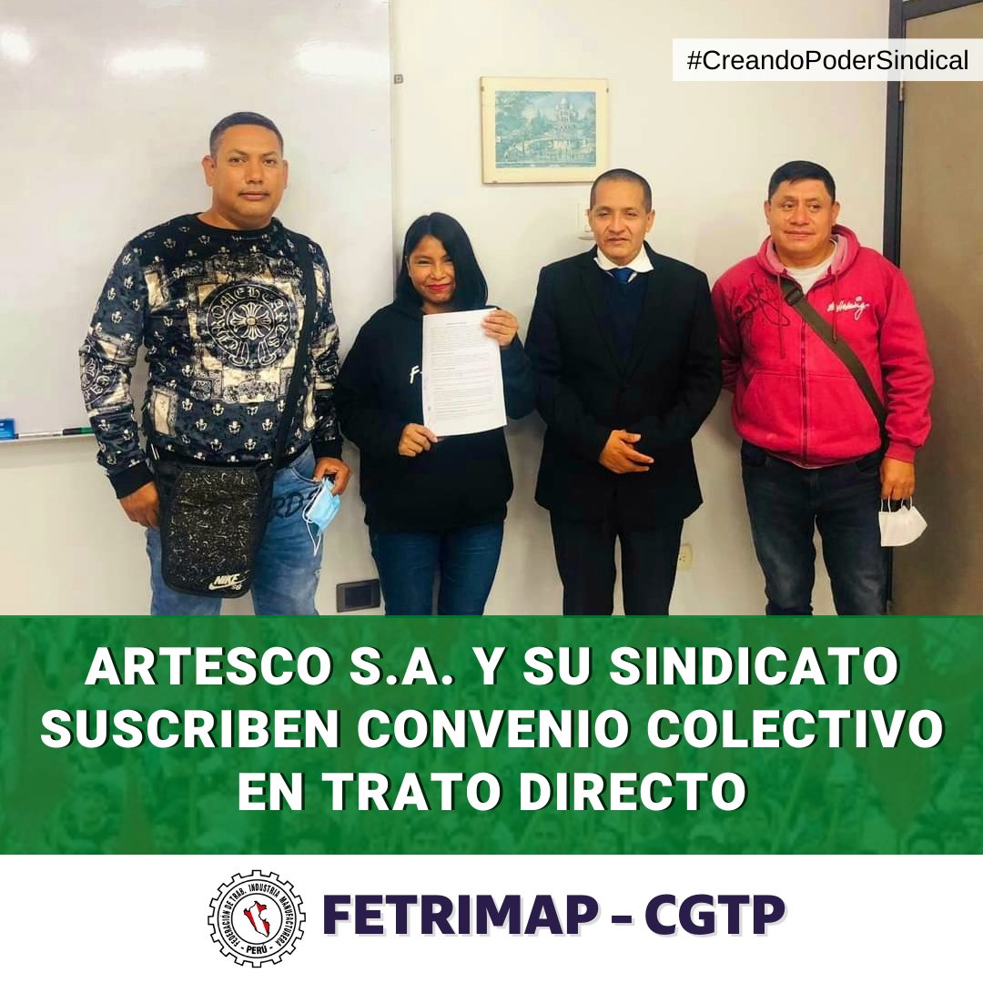 FETRIMAP_CGTP's tweet photo. 01-06-2022 | #artesco S.A. y su Sindicato suscriben convenio colectivo en trato directo, donde se mejora e incrementa sus remuneraciones y otros beneficios para los trabajadores. 
FETRIMAP #CreandoPoderSindical 

#AlertaSindical #CGTP https://t.co/EV3jIAwF8X