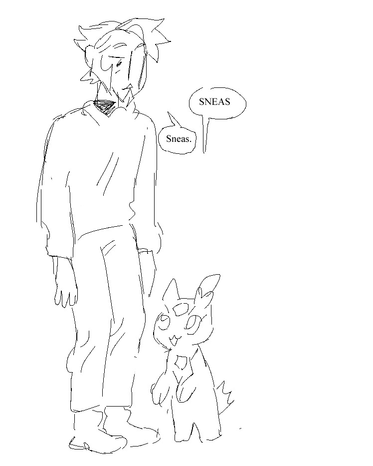 Ingo doing the cat owner thing where he imitates the sneasel kits when they meow at him