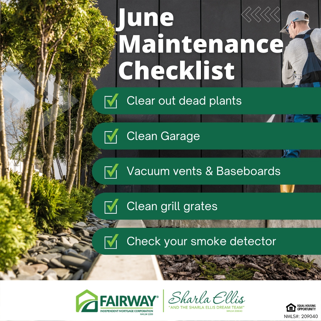 Happy June 1st!!!

Remember, a well maintained home is a well valued home.  :) 

Here is your June home maintenance checklist!!!

#June #HomeMaintenance #Homeowner #Homeownership #FairwayIndependentMortgage #HomeLoansWithSharla #SharlaEllisHomeLoans