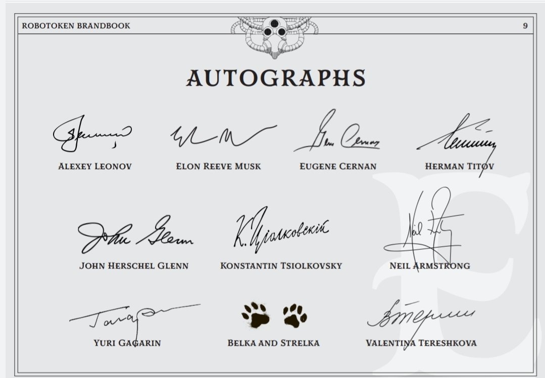 ROBOTOKENSPACE's tweet image. We know that these space explorer signatures on nft ROBOTOKEN will be worth a fortune. only 20 people in the world will be able to collect all the signatures to pass on to the next generation
#NFTfuture #robotoken #x100 #XÆA12