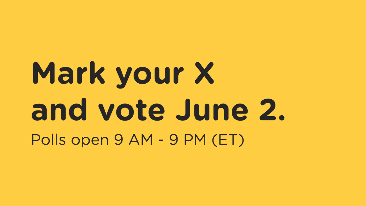 ElectionsON's tweet photo. Mark your X and vote June 2. Polls open from 9 AM to 9 PM Eastern Time. To view the message from Chief Electoral Officer Greg Essensa, visit: https://t.co/7nD6c0urgh https://t.co/TIWBacjAXL