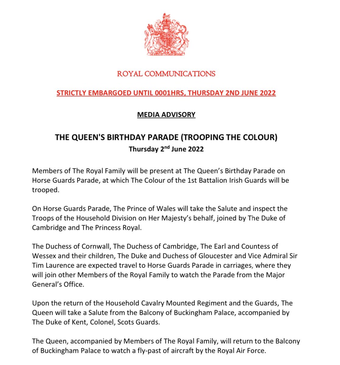 𝘾𝙊𝙉𝙁𝙄𝙍𝙈𝙀𝘿: Prince Harry and Duchess Meghan WILL join family members at the Major General’s Office to watch Trooping the Colour. 

Also there: Duchess Kate, Duchess Camilla, Wessexes (and kids), Princess Anne and Sir Tim, Gloucesters, Kents, Princess Alexandra. NO Andrew.