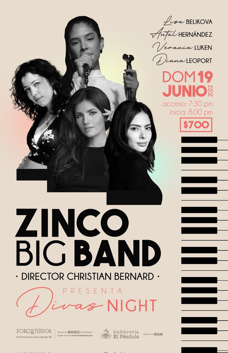La Zinco Big Band estará sonando en grande en el <a href="/ForodelTejedor/">Foro del Tejedor</a>!! Domingo 19 de Junio, 8pm.
'Divas Night' con las extraordinarias voces de VERANIA LUKEN, ANTAL HERNÁNDEZ, DIANA LEOPORT y LISA BELIKOVA. 
Adquiere tus tickets en el siguiente Link:
forodeltejedor.com/evento/butacas…