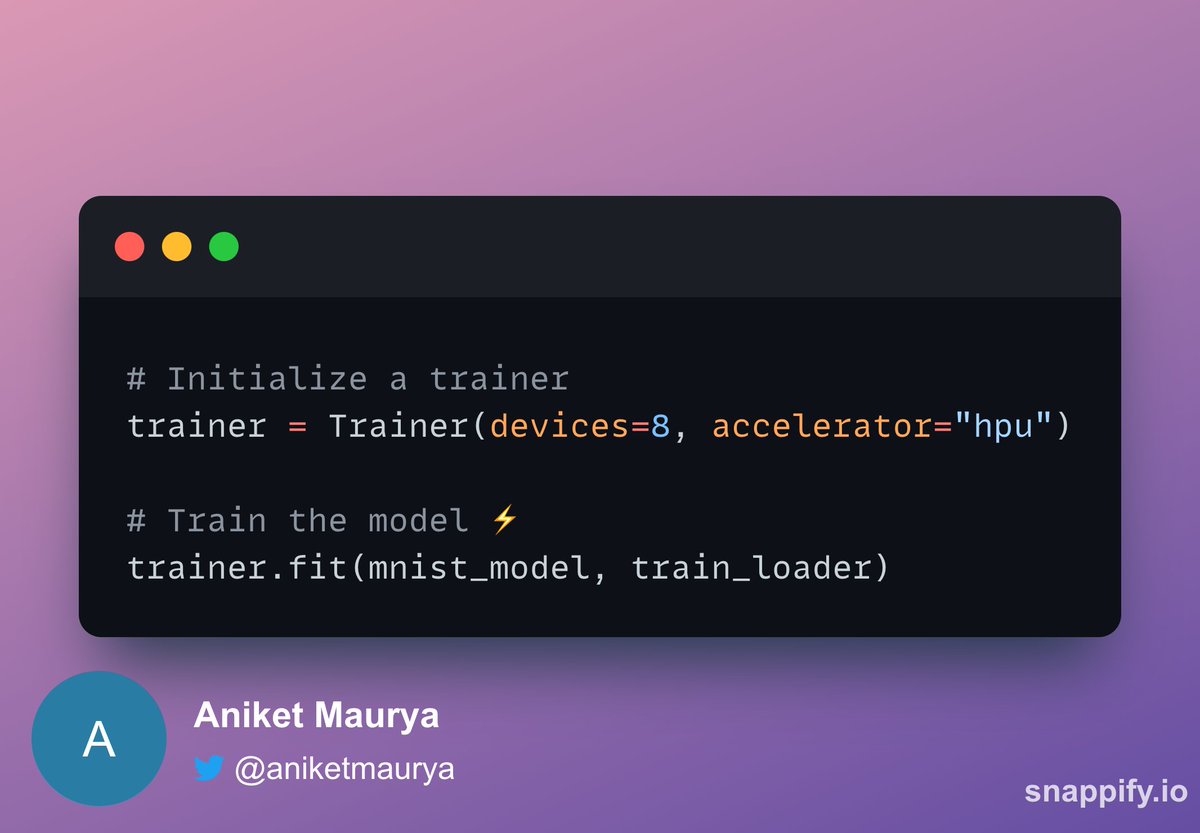 aniketmaurya's tweet image. The recommended method to train models with HPUs with the latest Lightning version would be to set Accelerator as HPU and devices as the number of HPUs you want to train on.
#45DaysOfLightning #Pytorch #PyTorchLightning