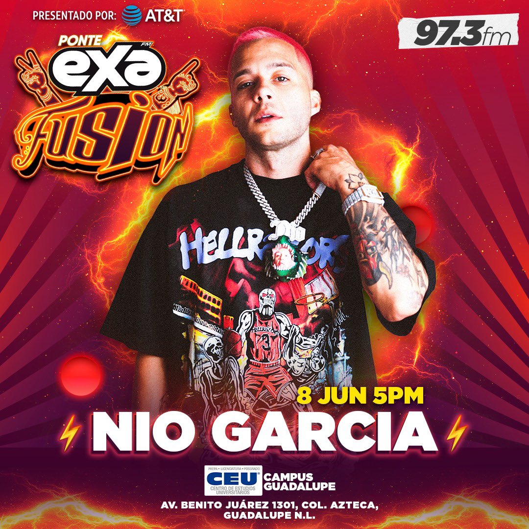 exafm973's tweet photo. ‼️EL REY DE LOS REMIXES‼️
Se pronostica PERREO EN EXCESO con @niogarcia y todos sus sencillos 🥵🔥 #Jeepeta #TeBote #AM #SeMenea y muchas más canciones 🎶
8 JUNIO/5PM
CEU CAMPUS GUADALUPE
AV. BENITO JUÁREZ 1301, COL. AZTECA, GUADALUPE N.L. https://t.co/HsLwQF1TPF