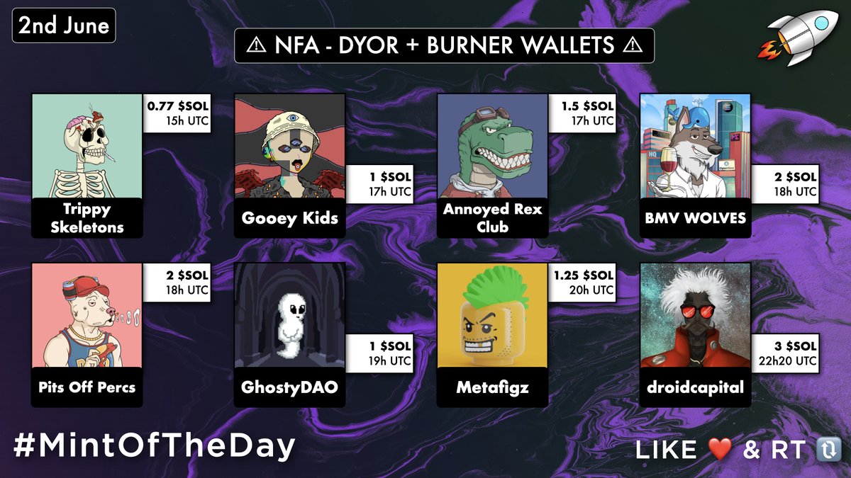 🔥 Tomorrow's Trending #SolanaNFTs 🔥

15UTC・@TrippySkeletons・0.77 $SOL 
17UTC・<a href="/GooeyKids/">Gooey Kids</a>・1 $SOL
17UTC・<a href="/AnnoyedRexClub/">Annoyed Rex Club</a>・1.5 $SOL
18UTC・<a href="/BMVnft/">BMV WOLVES🐺</a>・2 $SOL
18UTC・<a href="/PitsOffPercs/">Pits Off Percs {POP}</a>・2 $SOL
19UTC・<a href="/GhostyDAO/">GhostyDAO</a>・1 $SOL
20UTC・<a href="/MetafigzNFT/">Metafigz 🙂🧱</a>・1.25 $SOL
22:20UTC・<a href="/droidcapital/">DROID</a>・3 $SOL