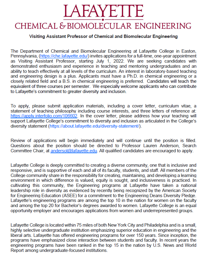 neobhm's tweet photo. Our department, @Laf_ChBE, has opened up a search for a visiting assistant professor. Feel free to reach out to us if you're interested! (Or, apply directly at https://t.co/PBtiWKgodW.) https://t.co/o72NT865oI