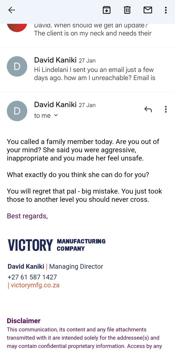 MahootaAfrika's tweet photo. 7.
The crazy thing about this is the nerve this guy has to make threats that he will come for me and my family via email as I managed to get his sister's numbers, trying to get leads on whether she knew of David's whereabouts due to him not replying to any of our communication. https://t.co/83jET6DGWG