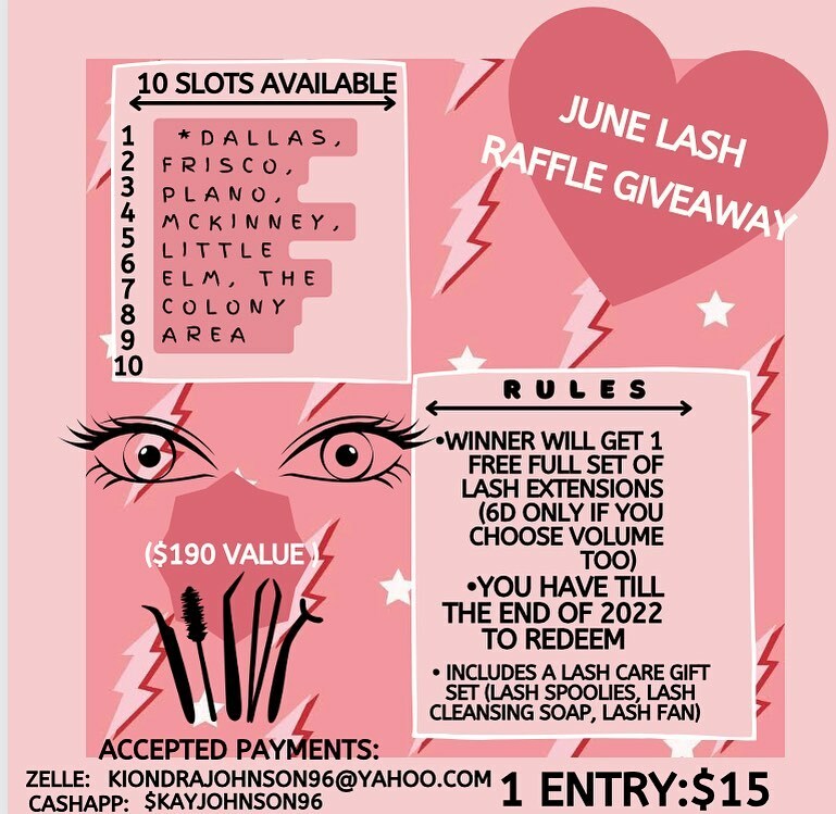 KiondraJ's tweet photo. FREE LASH EXTENSION GIVEAWAY❣️❣️ 
•
•
•
•
•
Purchase a ticket for $15 for a chance to win one free full set of lash extensions and lash care gift set! ($190 value). I will do the drawing when all spots are filled!! So like, repost and ,share with your friends and family!… https://t.co/pUvbo98wAV