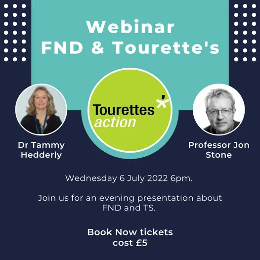 tourettesaction's tweet image. Join us on Wednesday 6th July at 6pm where we will be joined by Professor Jon Stone and Dr Tammy Hedderly who will be discussing functional tics, FND and Tourette Syndrome.
Tickets cost £5 and can be purchased here: buff.ly/3lBsQal

#FND #FMD #FunctionalTics #Tics