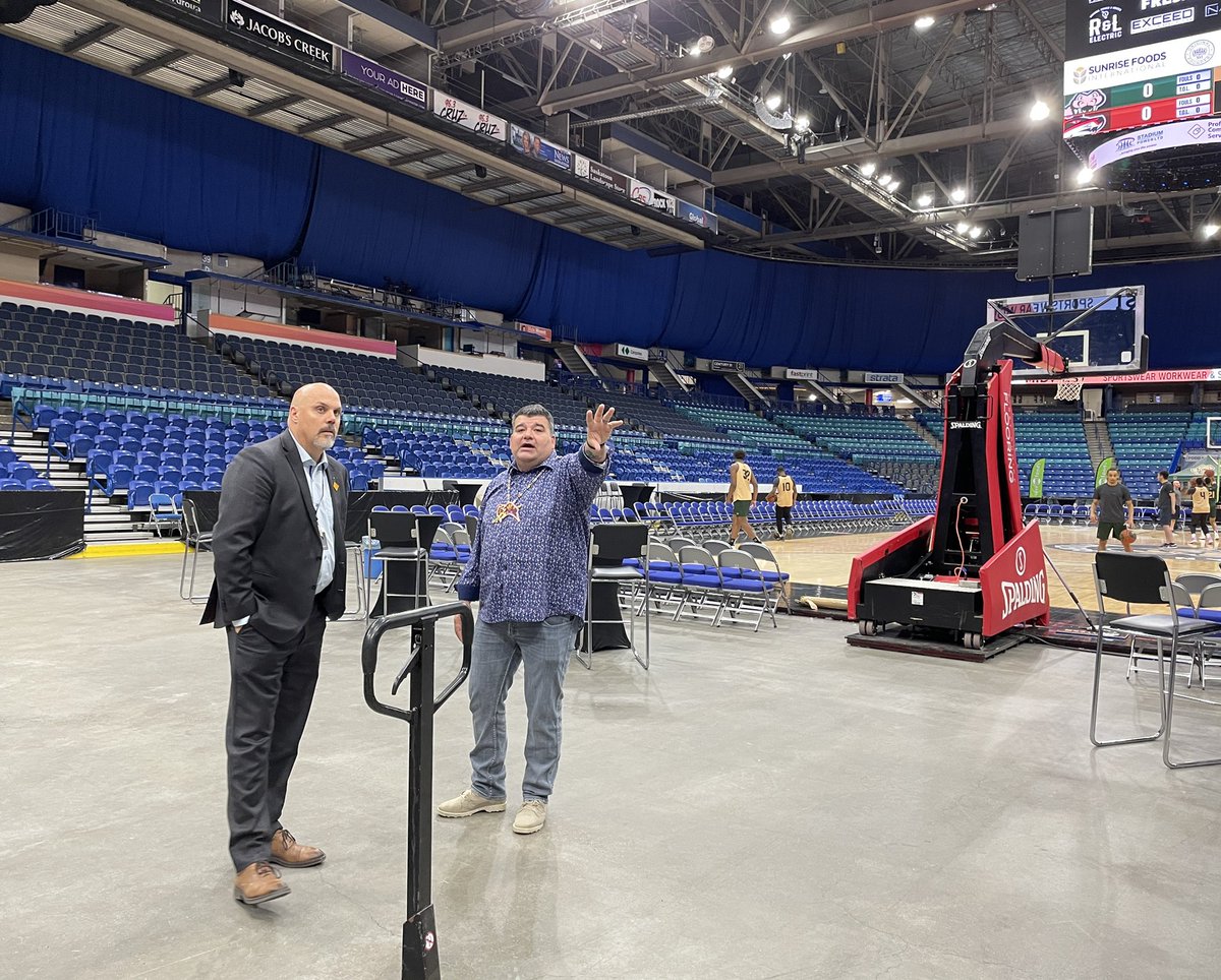 StoonPubSchools's tweet photo. Six days to the pow wow and we are busy preparing. Yesterday @DonaldSpeidel1 shared some teachings about pow wow with our Central Office staff. This morning, we met with @SaskTelCtr staff on-site to plan out the event. It’s going to be a memorable day. #spslearn https://t.co/FBYoXiUxhI