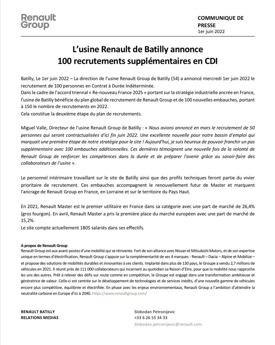 JeanROTTNER's tweet photo. Je me rĂ©jouis de lâannonce faite par @renaultGroup de 100 nouvelles embauches en CDI sur le site de l'usine de #Batilly. La @RegionGrandEst est attractive et nous lâinscrivons pleinement dans la stratĂ©gie « re-nouveau France đ«đ· 2025 » đ https://t.co/OP75TDzDPT