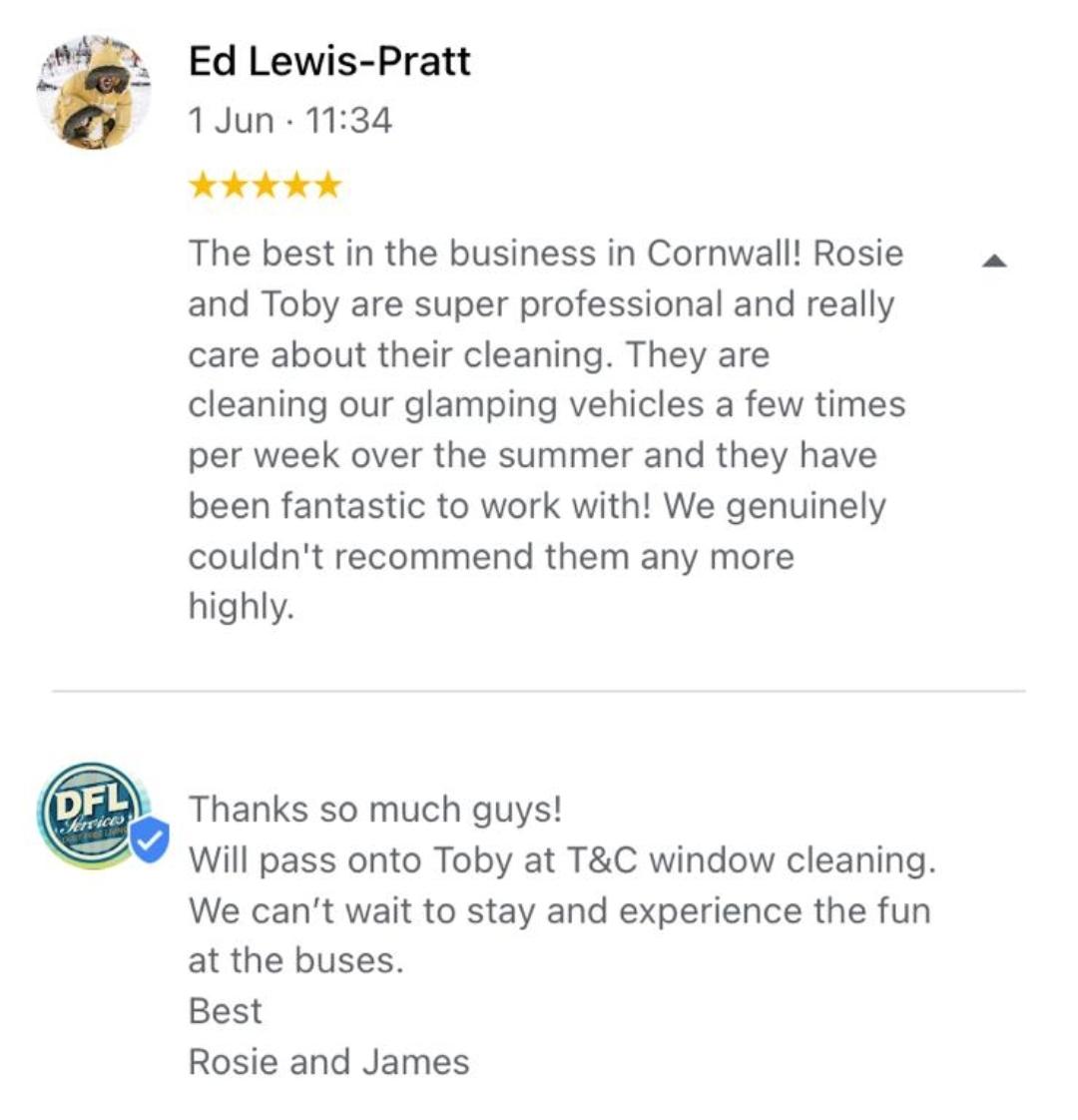 DFL_Dust_Free's tweet photo. Another great review from our newest client, converted American school buses overlooking #Polzeath #beach #Cornwall #cleaningservice https://t.co/FLo1LZHujS