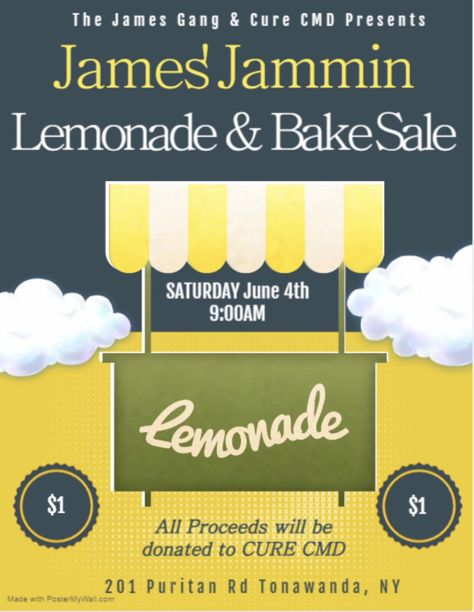 Anthony_Parisi_'s tweet photo. PLEASE SHARE! Stop by the Puritan Rd Block Sale on Saturday and support a good cause while you're there! The 2nd annual James' Jammin Lemonade & Bake Sale at 201 Puritan Rd in Tonawanda.
All proceeds will be donated to @CureCMD. We hope to see you there!
#TheJamesGang
#CureCMD https://t.co/qv2WpCRye6