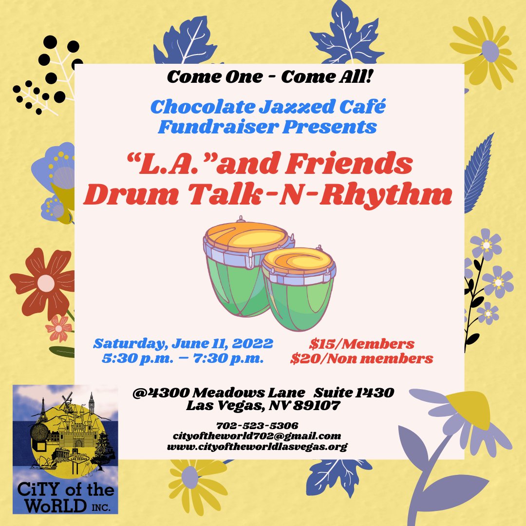 COTWGallery's tweet photo. An Evening with “L.A.” and Friends Drum Talk-N-Rhythm

Saturday, June 11, 2022   5:30 p.m. – 7:30 p.m.

Let your heart be stimulated and motivated  a “Rhythm For The Soul”
$15/Member, $20/Non-member https://t.co/pXOrKiBLnw