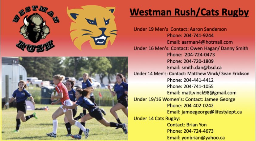 CALLING all junior rugby athletes! The Westman Rush and Cats rugby will be running together with the Barbarians this year! teams will Participate in Man/Sask Tournament July 9th and 10th in Brandon! Here are all the coaches and contact information.