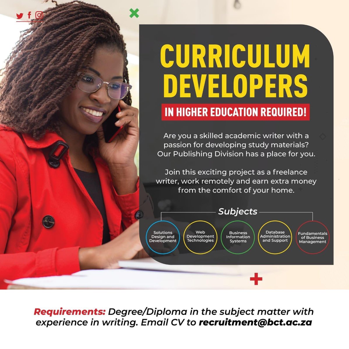 yuthconnect's tweet photo. 📣Berea College of Tech
#academic
#curriculumdevelopers
#highereducation
Email your CV with the subject line: Curriculum Developers to:
Recruitment@bct.ac.za https://t.co/mDNKjB7SF5