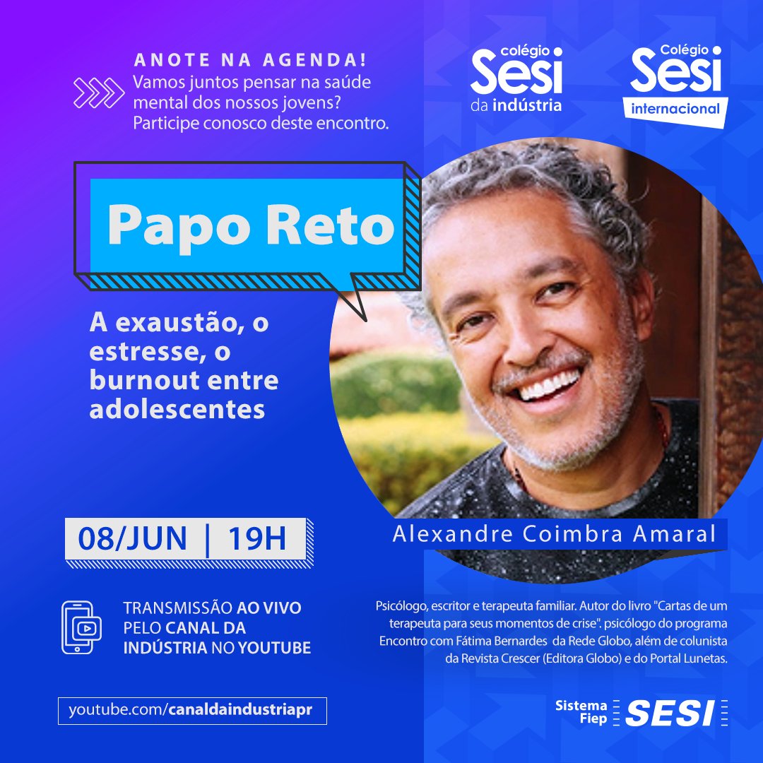 ColegioSesiPR's tweet photo. 🚨 Atenção pais!
Vamos falar sobre a saúde mental dos nossos jovens? 

Esse vai ser o tema do próximo Papo Reto que acontece no dia 08 de junho às 19h.

Solicite o link da transmissão na coordenação da sua unidade. https://t.co/epb2hAetiE