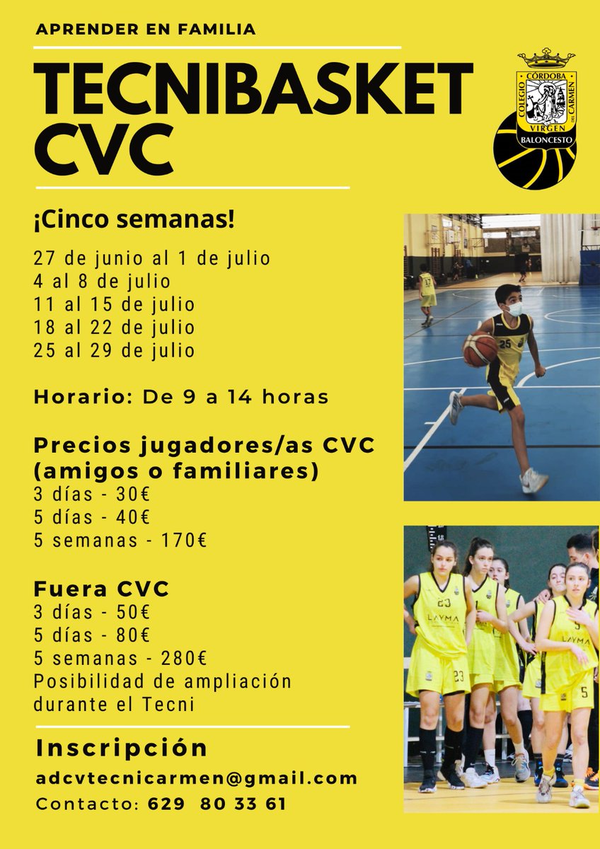 CVCarmenbasket's tweet photo. Llega junio y con él LLEGA EL TECNIBASKET DEL CVC
Apúntate para vivir desde el 27 el baloncesto en familia! 💛🖤
Inscripción en adcvtecnicarmen@gmail.com 
Mandar:
- Nombre y apellidos 
- Fecha nacimiento 
- Semana o semanas (Ampliables)
- Adjuntar comprobante bancario https://t.co/u3ADy3lhYS