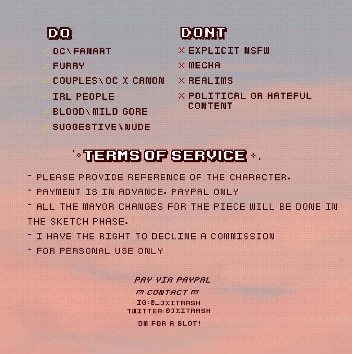 JxiTrash's tweet image. ✨ COMMISSIONS OPEN ✨
feel free to dm for a slot! 💕✉️
Rts are appreciated 🙏