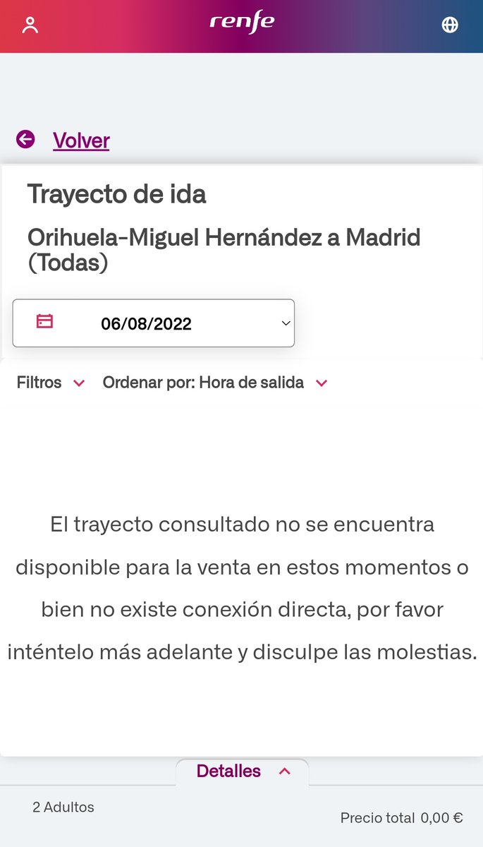 oneDanone's tweet photo. @Renfe con cuánta antelación se puede comprar un billete Orihuela destino Madrid? Intento comprar para principios de agosto y la página indica que no hay disponibilidad en este momento. Gracias. https://t.co/ooEvnwK9Wb