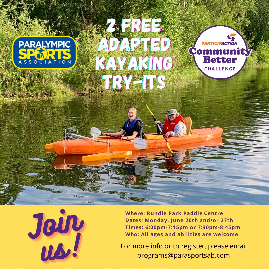 The @ParticipACTION Community Better Challenge starts today! What a better way to get out and get active than with our free try it nights at Adapted Kayaking? Space is limited, email programs@parasportsab.com to register today! Everyone is welcome! #yeg #yegfamily #LetsGoOilers