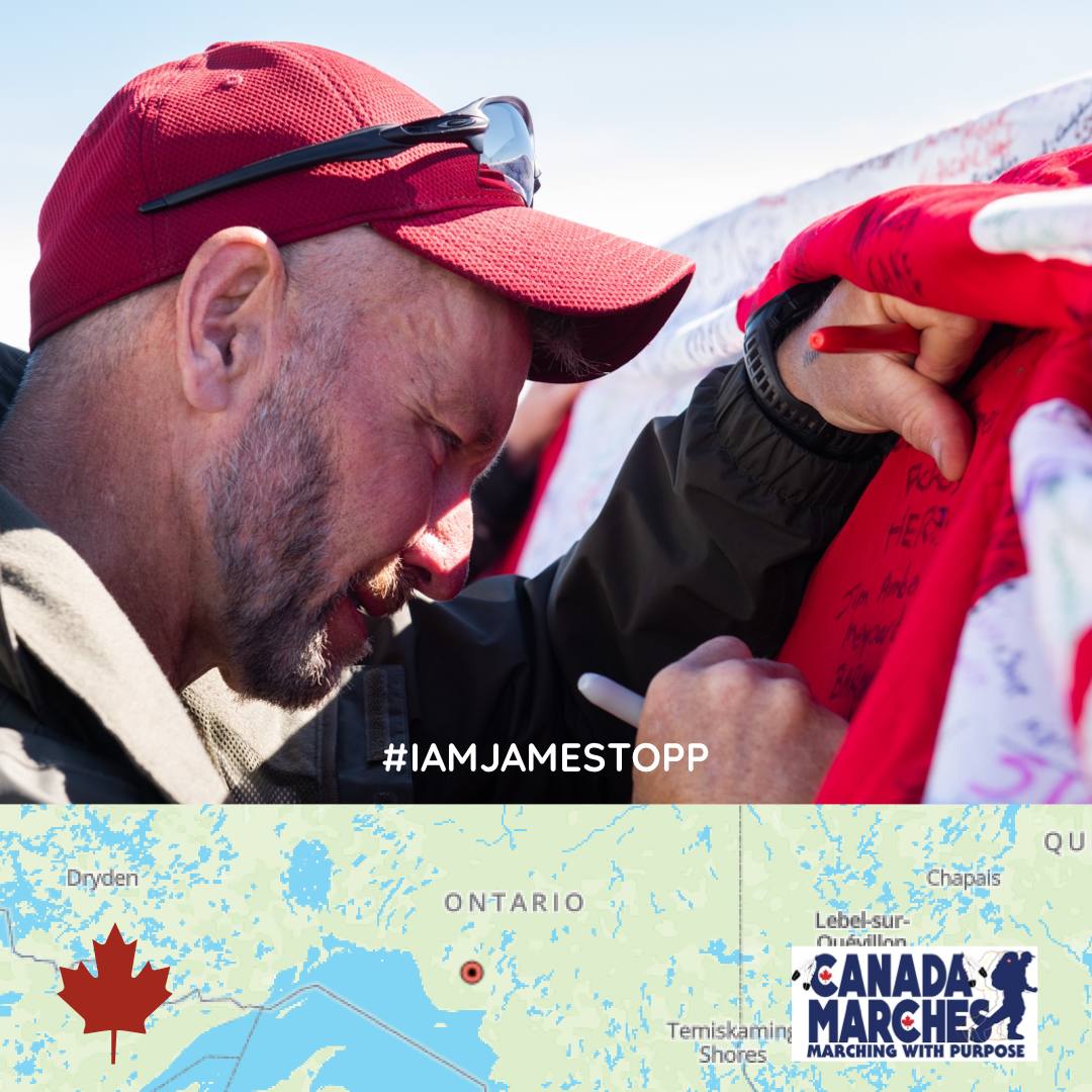 PoliceOnGuard's tweet photo. James Topp, a veteran of the Canadian Armed Forces &amp; a member of ours, is on the march from BC to Ottawa, to ensure the government upholds the Charter

James has travelled another 320 kms since our last update &amp; is now in Ontario. Check out James' website
https://t.co/0mUGSjLJHi https://t.co/l2RLu4Xpnz