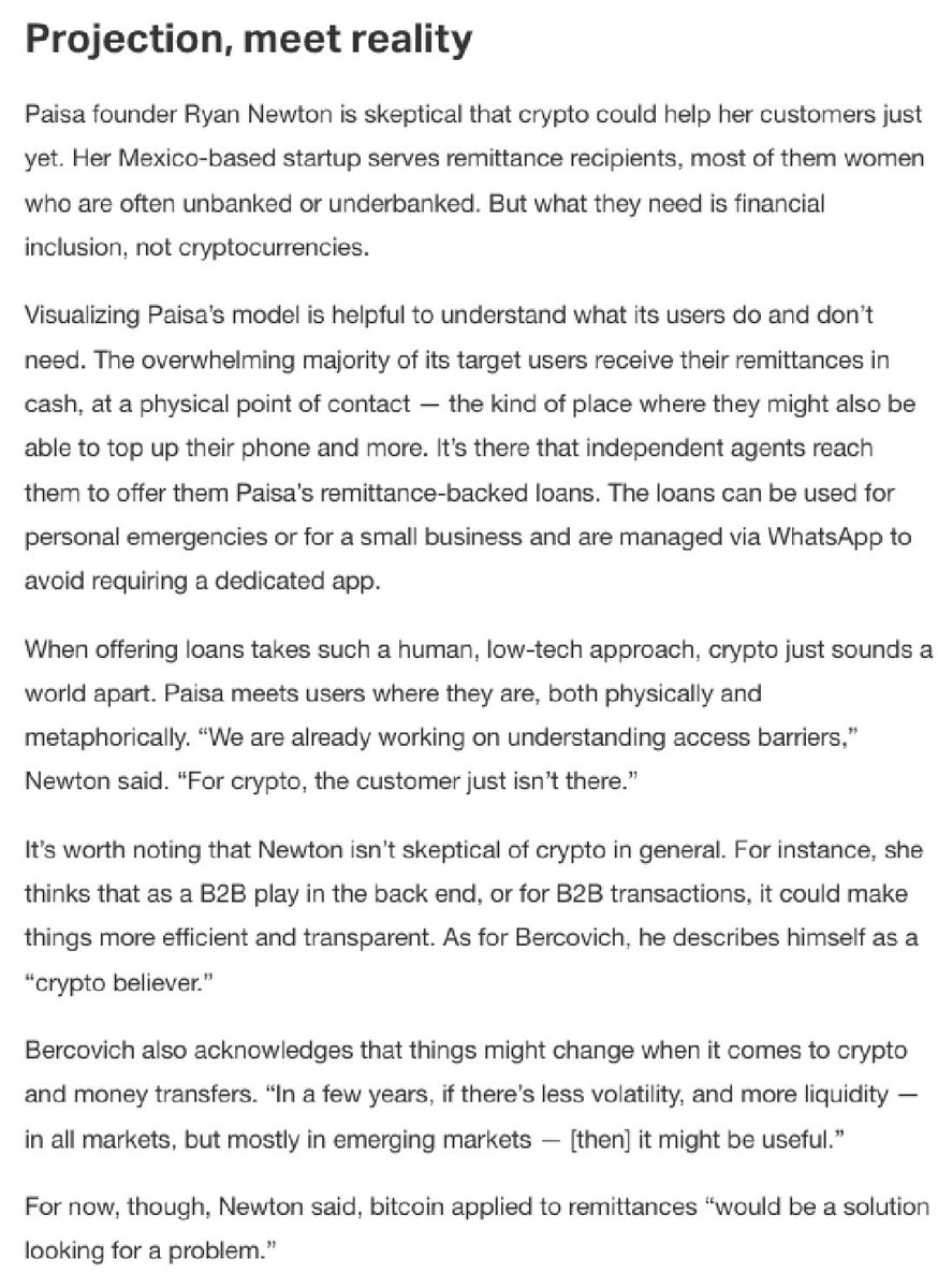 "For now bitcoin applied to remittances would be a solution looking for a problem", says <a href="/MiPaisaMx/">Paisa</a> founder <a href="/RyanNewton_/">Ryan Newton</a>. Read full article <a href="/TechCrunchPlus/">TechCrunch+</a>, by <a href="/abracarioca/">Anna Heim</a>: tcrn.ch/3x9A3EQ (excerpt below)