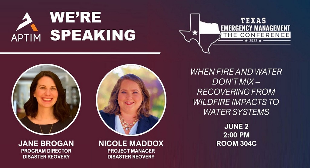 aptimglobal's tweet photo. UPDATE: Tomorrow! Catch #APTIM experts Nicole Maddox and Jane Brogan present “When Fire and Water Don’t Mix – Recovering from Wildfire Impacts to Water Systems” https://t.co/4b3qGCXCW1

#ExpectTheExtraordinary #DisasterRecovery #ProgramManagement #ProjectManagement https://t.co/3nKGGTsPa4