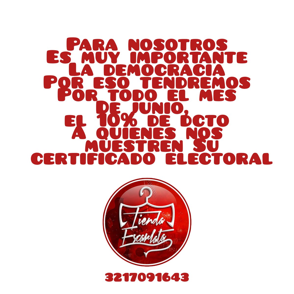 La democracia es importante para nosotros, por eso a quienes nos muestren sus certificados electorales se les dará el 10% de dcto en sus compras por todo el mes de Junio.

3217091643📱
