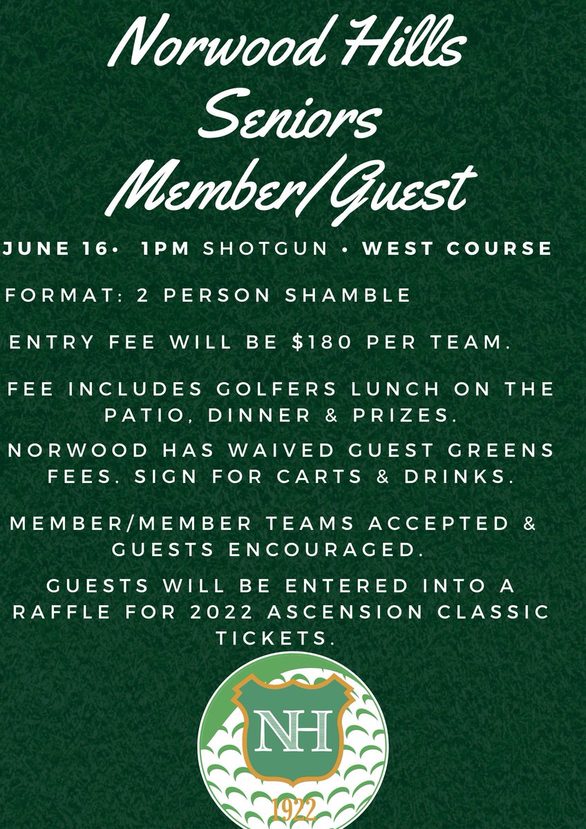 NorwoodHills's tweet photo. Norwood Hills Seniors Member/Guest event takes place on Thursday, June 16. Members are encouraged to sign up on https://t.co/sGpNz7TSSy. #SeniorGolf #PGA #NorwoodHills #GolfSTL #STLGolf https://t.co/EGIoO1jjk8