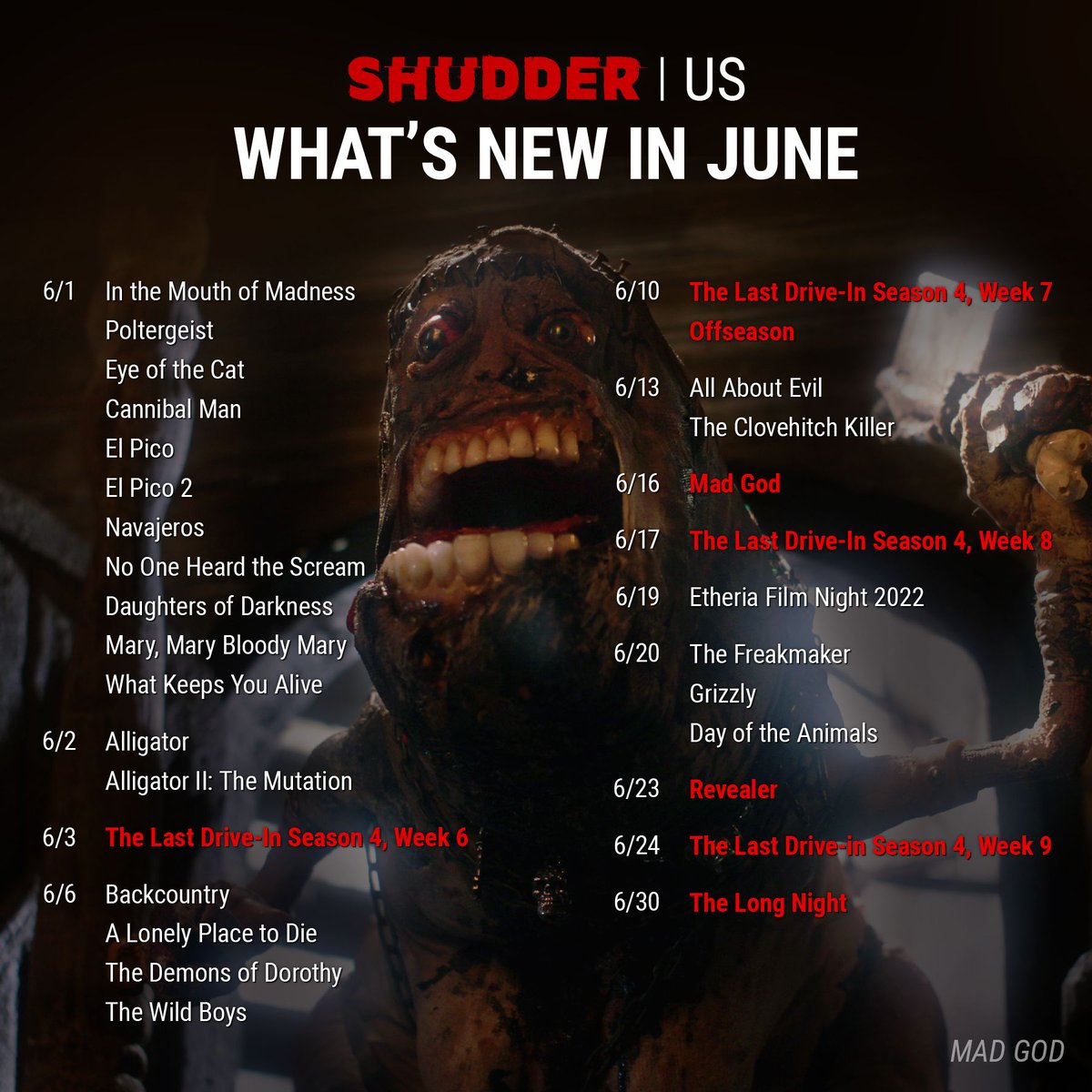 Shudder's tweet photo. New month, new titles! Here's what's looming in June 👀 https://t.co/lrKaXTnEXl