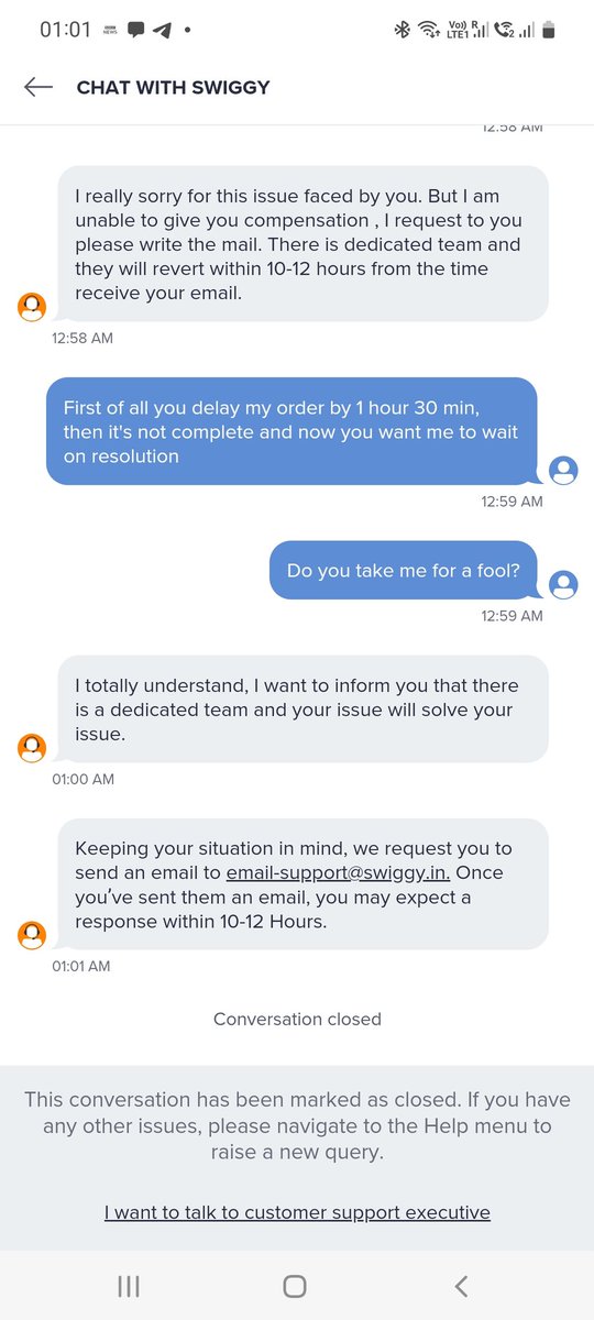 themarwariman's tweet photo. @SwiggyCares @swiggy_in @SwiggyInstamart @swiggydesign is that the way you treat your customers? First delay order, then don't provide complete order, then when they complain you auto close the chat. Pathetic service 
@consumerforum_ https://t.co/1mrBHhu37O