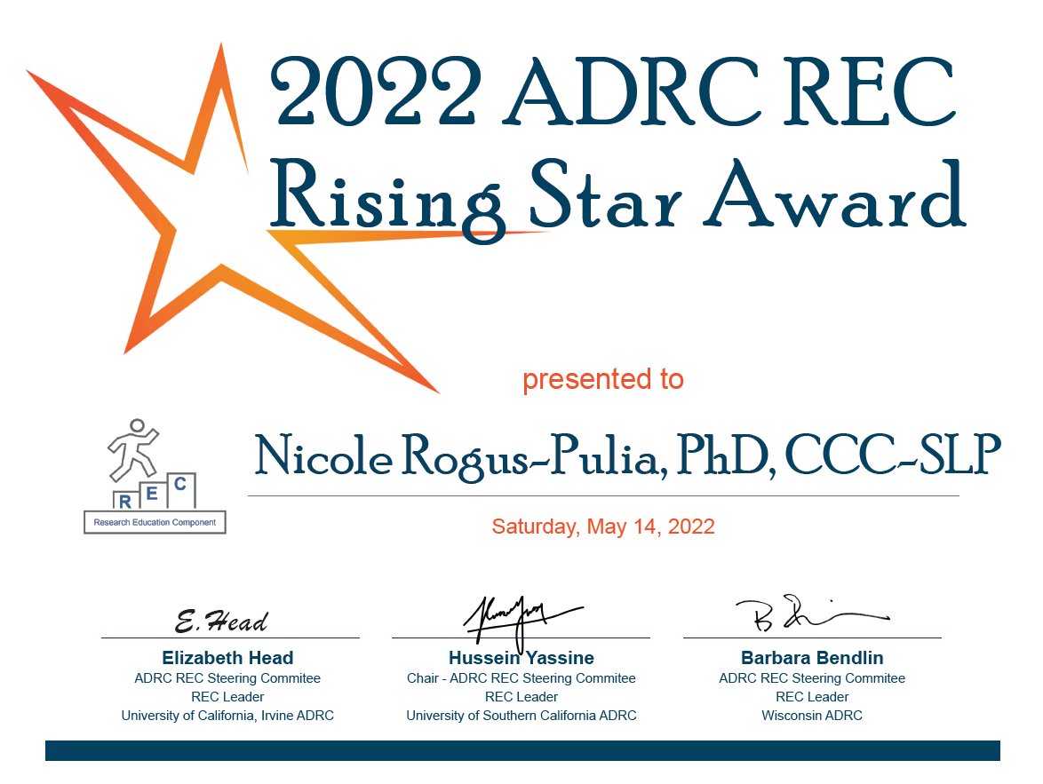 Swallowing and Salivary Bioscience Lab (@swalsalivbiolab) on Twitter photo Congrats to <a href="/DrRogusPulia/">Nicole Rogus-Pulia, PhD, CCC-SLP</a> who received Rising Star award from the National Alzheimer’s Disease Research Center this month! She gave a presentation about moving toward proactive approaches to treating dysphagia in people with Alzheimer’s. Congrats to <a href="/DrRogusPulia/">Nicole Rogus-Pulia, PhD, CCC-SLP</a> who received Rising Star award from the National Alzheimer’s Disease Research Center this month! She gave a presentation about moving toward proactive approaches to treating dysphagia in people with Alzheimer’s.