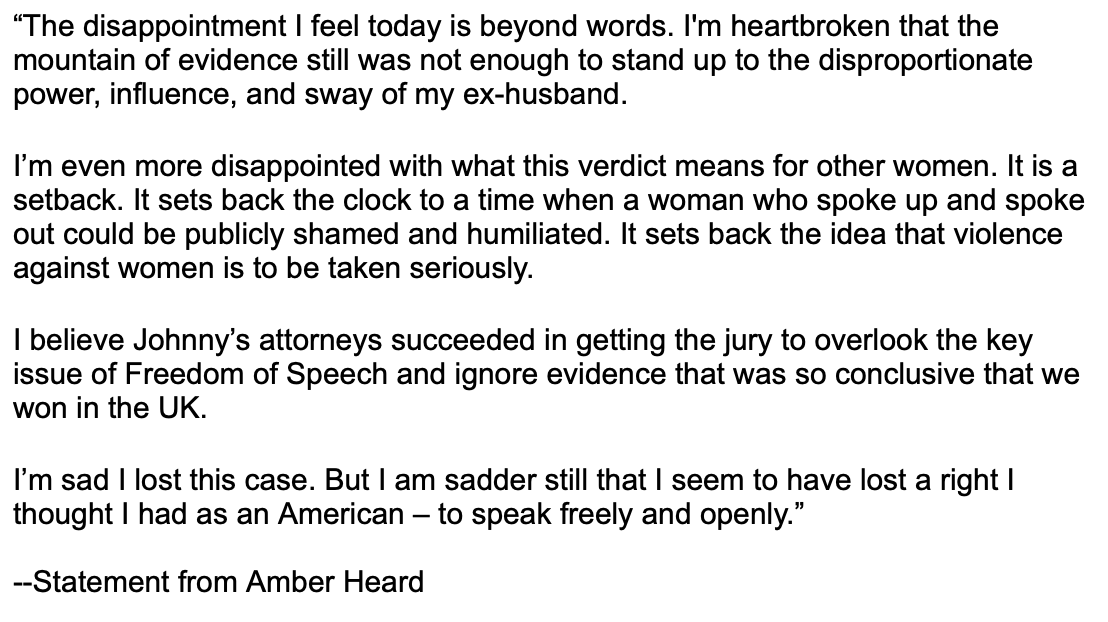 ABC's tweet photo. BREAKING: Amber Heard on defamation verdict: “The disappointment I feel today is beyond words...I’m even more disappointed with what this verdict means for other women." https://t.co/zCitxTSXr7 https://t.co/yke6NYmE7D