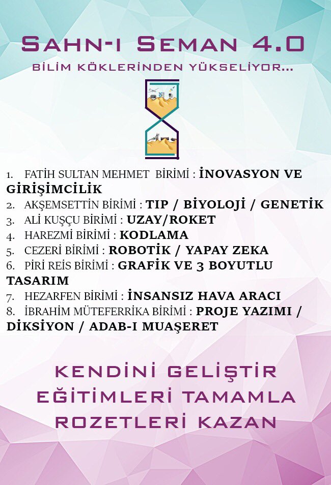 Okulumuz Bilişim Öğretmeni Oğuzhan Özel tarafından yürütülen ‘Sahn-ı Seman 4.0 Projesi’ Eğitimde İyi Örneklerden Özgün Uygulamalara  Projesi’nin sergilenecek 104 eserinden biri olmaya hak kazandı. Öğretmenimizi tebrik eder, başarılarının devamını dileriz.<a href="/FatihilceMEM/">Fatih İlçe Millî Eğitim Müdürlüğü</a> <a href="/mucipkina/">Mucip KINA</a>