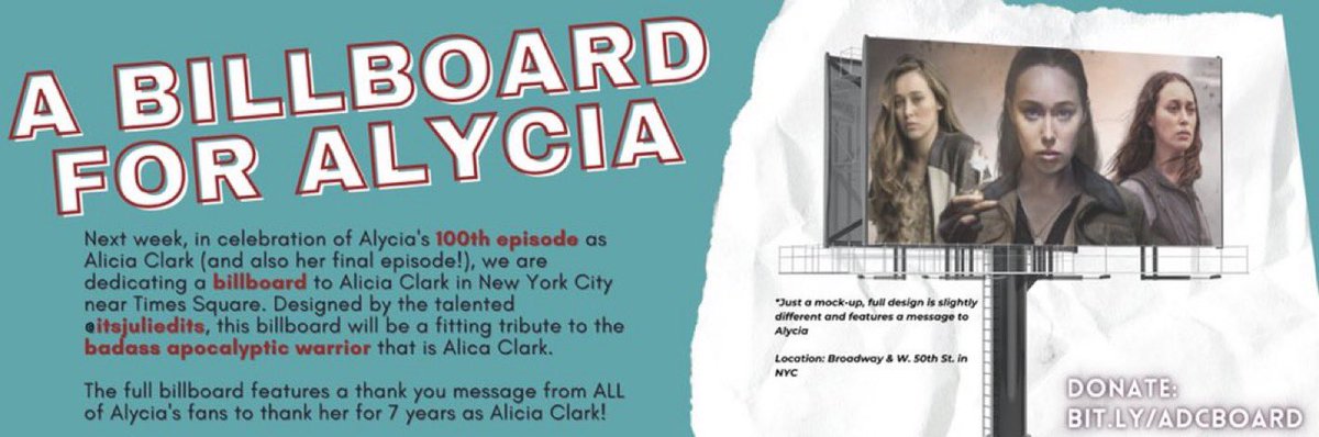 theDebnamNews's tweet photo. Great news! The billboard for Alycia will go up tomorrow from 10am-11pm EST and it will also be up on Sunday for the same hours!

Thank you to all who donated - a thank you tweet will be posted tomorrow. If you live in NYC please send us pics ❤️

Address: Broadway and W. 50th St. https://t.co/LcahxZHQtQ