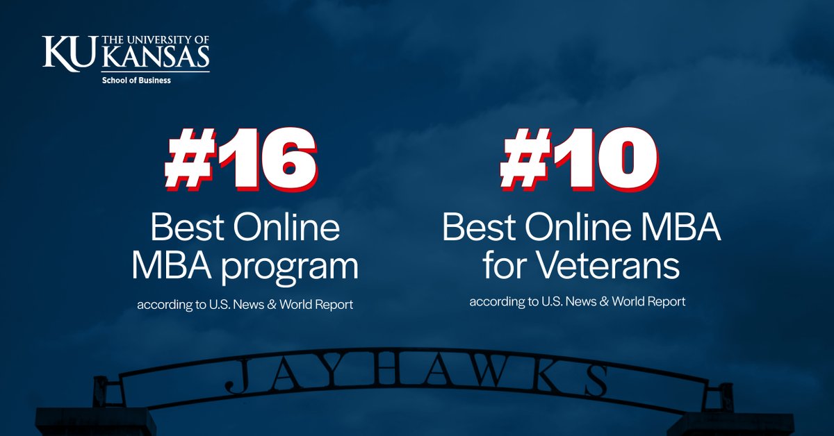 Find the #16 Best Online MBA program and #10 Best Online MBA for Veterans at KU, according to U.S. News &amp; World Report. Elevate your business career with our Jayhawk network and program. bit.ly/3qbEhrH #JayhawkMBA