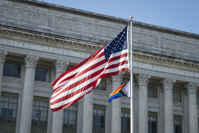DepSecBronaugh's tweet photo. It was an amazing moment to join @SecVilsack today to raise the Pride flag in celebration of the LGBTQI+ community. I am grateful to be a part of a Department that embraces all and is committed to diversity, equity, and inclusion. Happy #PrideMonth! https://t.co/rUOiMwI9gm