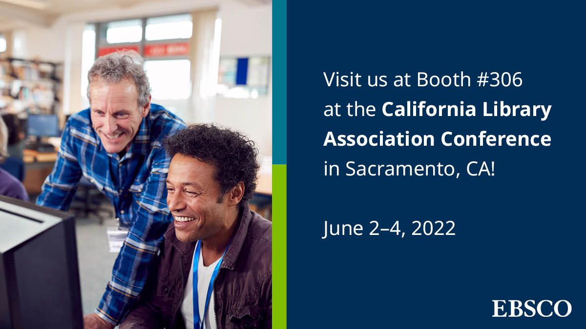 EBSCO's tweet image. EBSCO will be in Sacramento, California this week for the #CLA2022Conference. Check us out at booth 306. @CalLibAssoc ebsco.is/3Na3BrQ