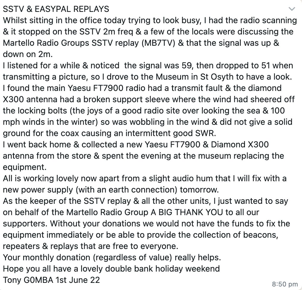 g0pkt's tweet photo. After pretending to be busy at work today, Tony noticed some issues with MB7TV, our SSTV repeater.  Please see the attached image with his report of what’s been done.  Thanks again to our supporters, without your help, this wouldn’t have been a quick repair. https://t.co/JPDFqWRvvK