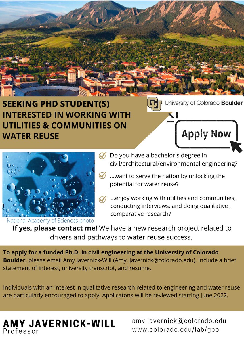 AMYJWILL's tweet photo. Are you an engineer interested in pursuing your Ph.D. at CU Boulder working with utilities on water reuse?  If so, please contact me! #PhD #research #waterreuse https://t.co/eefsSU6rUy