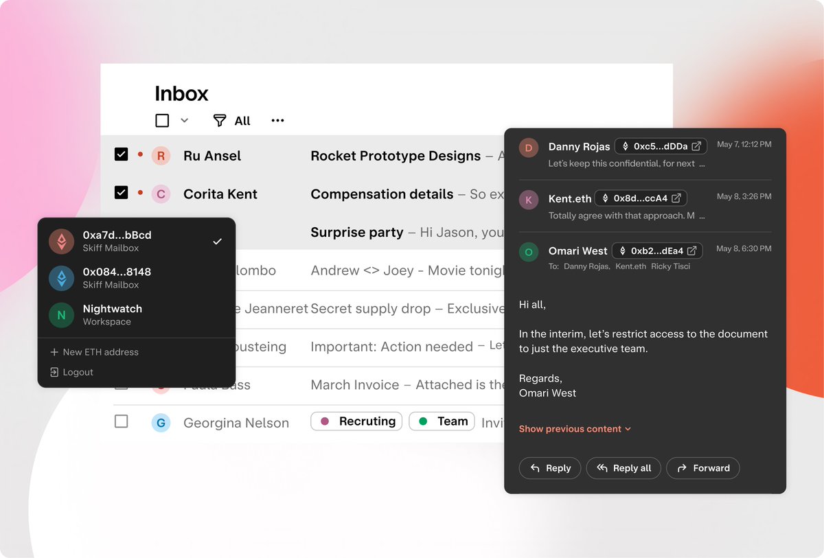 skiffprivacy's tweet image. End-to-end encrypted, private email - powered by your @ethereum wallet.

10 GB storage, fast + free search, @ensdomains integration, and optional decentralized storage with @IPFS 

app.skiff.com/signupMail