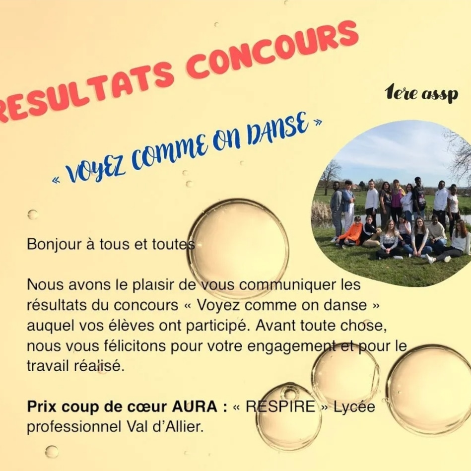 lycee_val's tweet photo. Félicitations aux élèves de 1ASSP qui remportent le prix Coup de Cœur Aura du concours Voyez comme on danse organisé par la MGEN
@lycee_val
@acclermont
@DSDEN_03 https://t.co/0KOQwRToFD