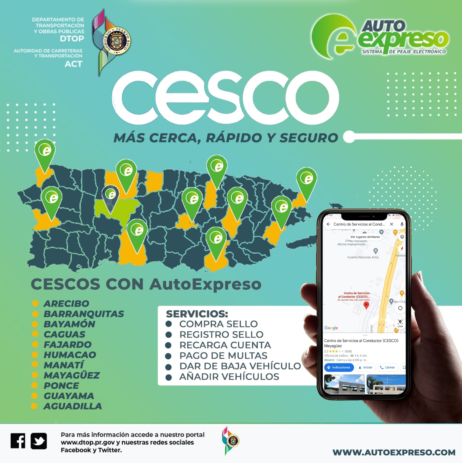 DTOP on Twitter: "Conductor, los siguientes #CESCO cuentan con servicio de # AutoExpreso, donde podrá verificar su balance y recargar su cuenta.  *Recuerda que tienes hasta el 1 de julio para ponerte al