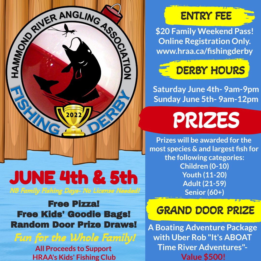 HammondRiverNB's tweet photo. Only 3 days until our 2nd Annual Family Fishing Derby! We have some Ah-Mazing prizes from FishKids NB and a sweet grand prize from Uber Rob It's ABoat Time River Adventures! https://t.co/rwzKi2Rvpd