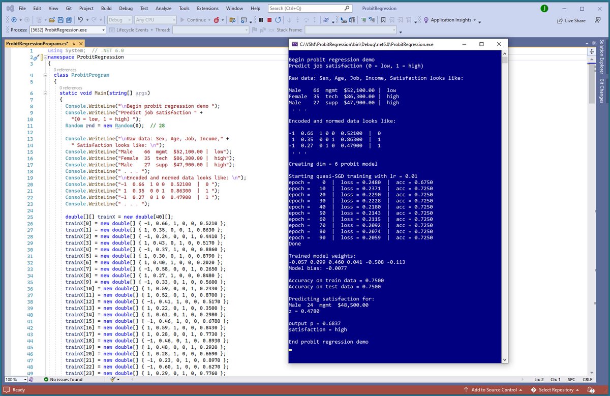 VSMdev's tweet photo. Probit Regression Using C#
Dr. James McCaffrey of Microsoft Research explains the classical machine learning technique used for binary classification -- predicting an outcome that can only be 1 of 2 discrete values.
#machinelearning #probitregression
https://t.co/AUfITSKWR1 https://t.co/AWDXYZi9ca